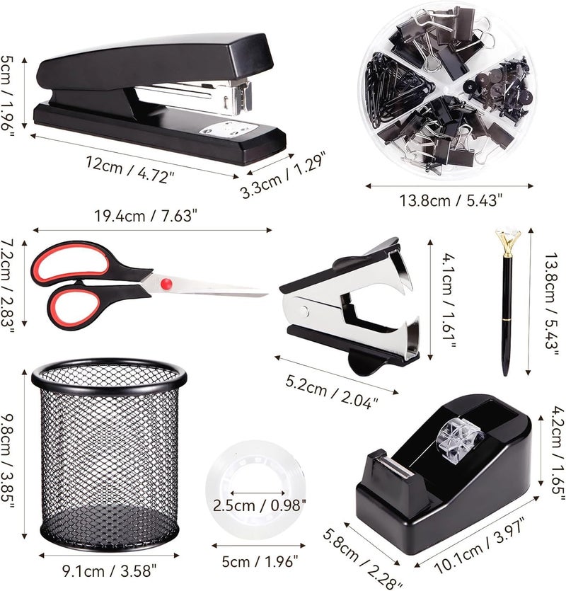 yuun Black Desk Accessories, Office Supplies Set with Stapler, Tape Dispenser, Staple Remover, Pen Holder, Scissor, Binder/Paper Clips, Ballpoint Pen, Clear Tape and 1000pcs Staples - Image 2
